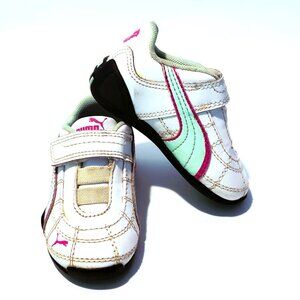 Puma KinderFit Toddler Size 4 White Leather Faux Lace Up Sneaker Pink Mint Shoes